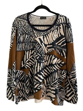 PER TE BY KRIZIA Black Cream Brown Abstract Leaf Long Sleeve Pullover Top XL